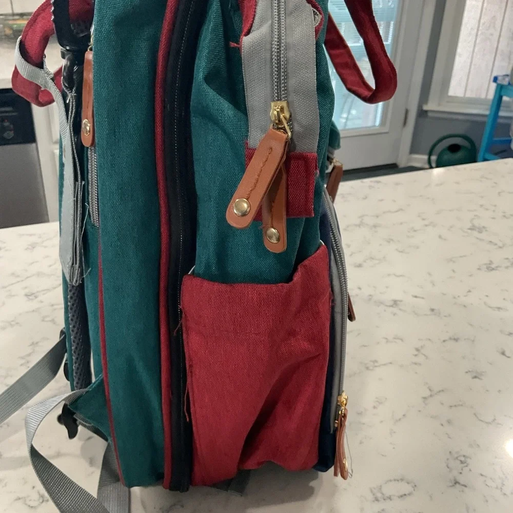 NWOT Good Mum Quilted Multi-Color Backpack w Changing Station USB. Teal Navy Red
